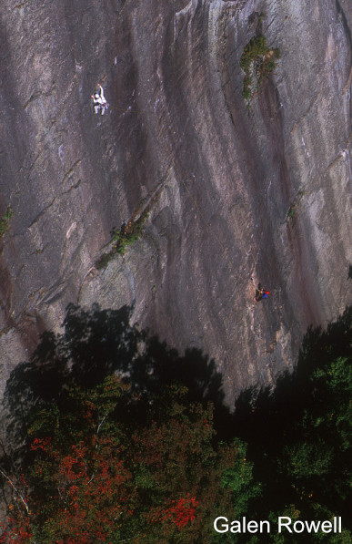 Al Hospers climbing, Brian Post belaying on a beautiful fall morning.<br />
Rapid Transit, Cathedral Ledge